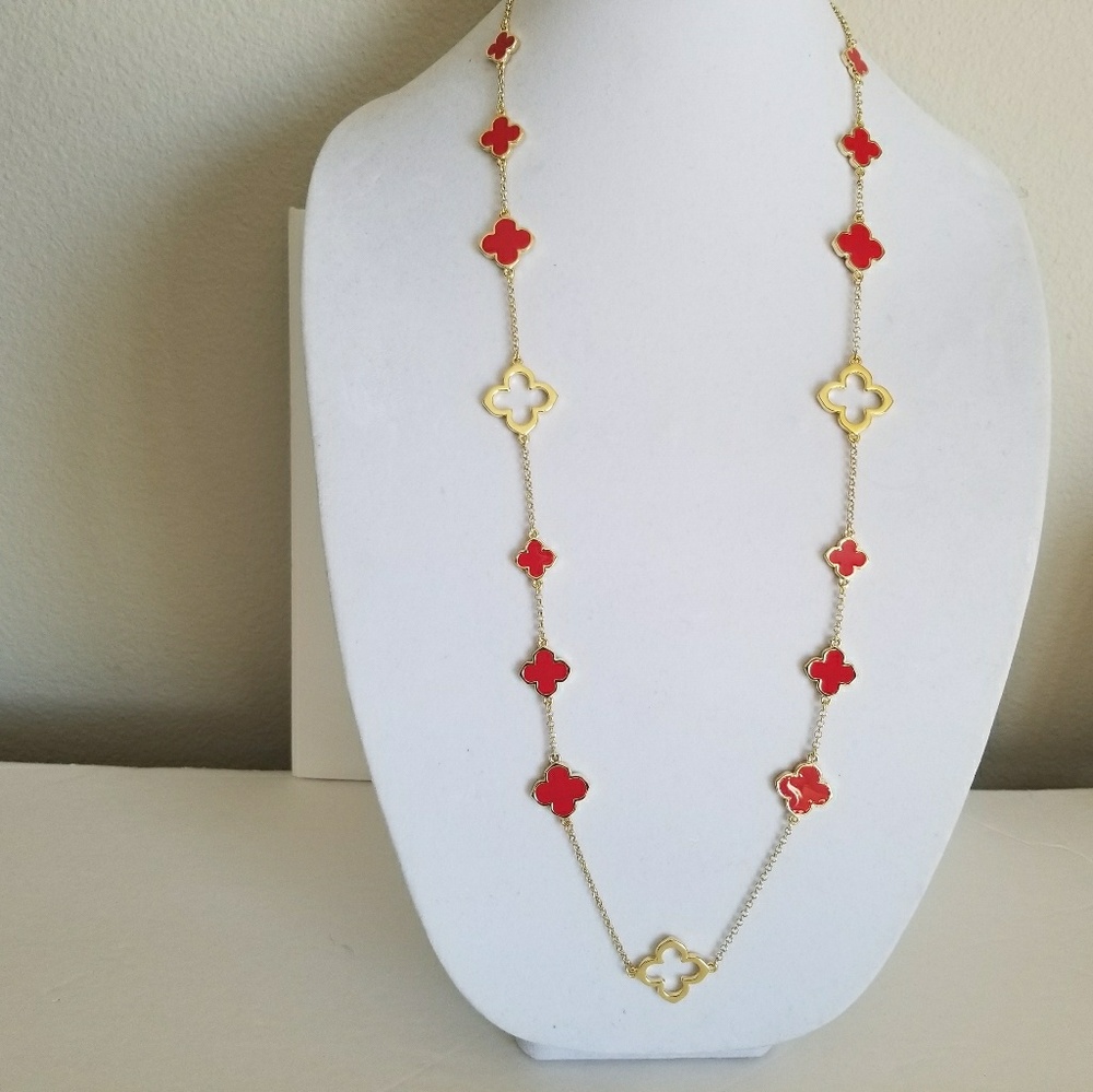 Clover Gold necklace, Red four leaf clover 36" Long,Brand New